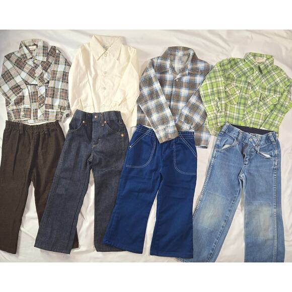 Vintage Boy's Size 4 Outfit Lot Button Up Flannel Jean Pant Doe Spun Wrangler - Picture 1 of 16